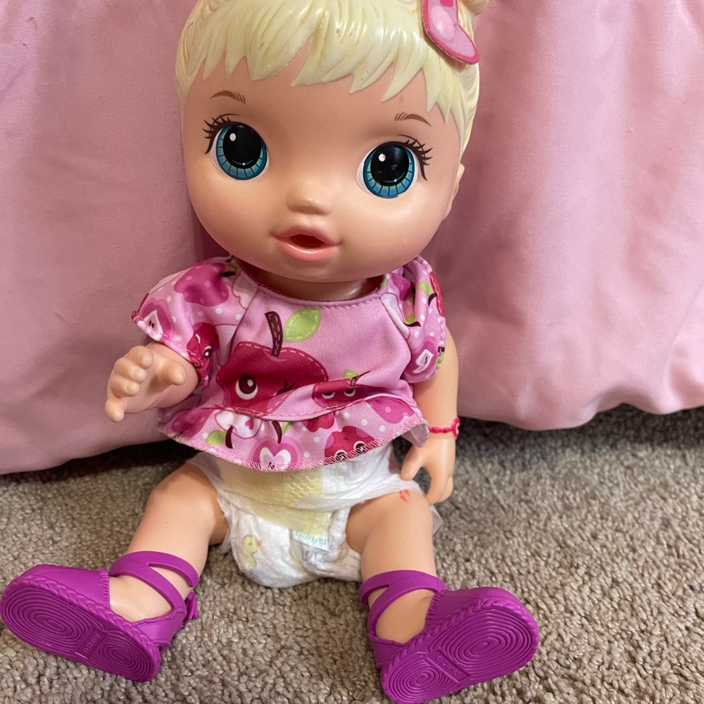 Sweet Baby Doll in Pink Apple Outfit and Purple Sandals